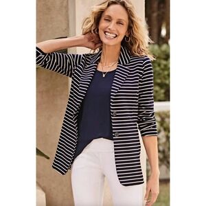 J.Jill‎ Womens Soft Seamed Striped Blazer Size L Navy White Wearever Collection